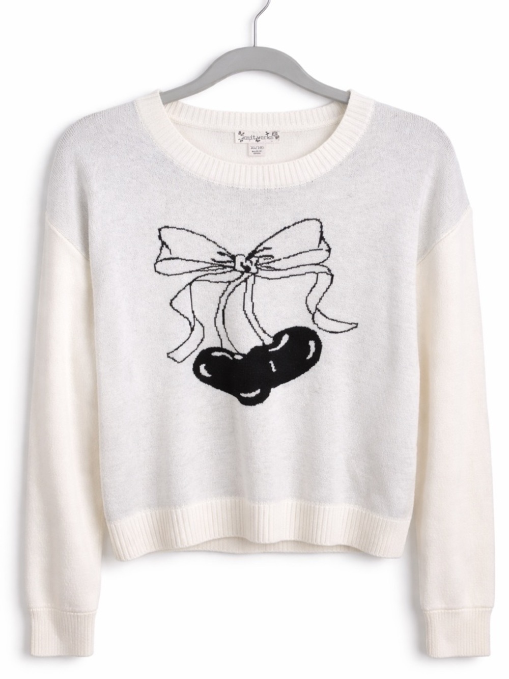 Knitworks Cream Crewneck Sweater with Black Bow & Heart Graphic